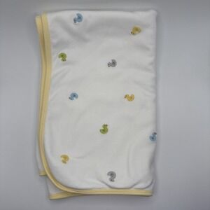 Carters One Size Baby Blanket White With Embroidered Ducks Yellow Trim